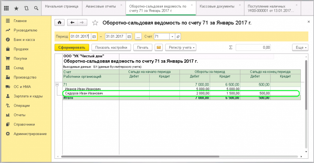 Остаток в оборотно-сальдовой ведомости в 1С
